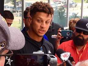 Kansas City Chiefs quarterback Patrick Mahomes talks to the media during training camp in St. Joseph, Mo. (JOHN KRYK/Postmedia Network)