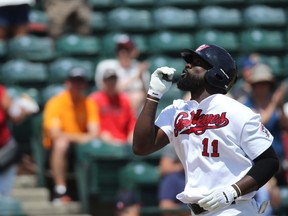 Winnipeg Goldeyes’ centre fielder Reggie Abercrombie hit a two-run shot in a 15-1 rout over St. Paul. (Kevin King/Winnipeg Sun)