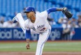 Marcus Stroman throws the ball in what may have been his final start as a Jay in Wednesday's game against Cleveland. GETTY IMAGES