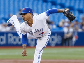 Marcus Stroman throws the ball in what may have been his final start as a Jay in Wednesday's game against Cleveland. GETTY IMAGES