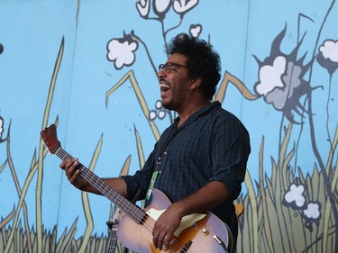 Terrence Houston of the band Toubab Krewe performs on the bass guitar during the MALlable Syncopations workshop at the Snowberry Stage at Birds Hill Provincial Park, north east of Winnipeg, Man., on Saturday, July 13, 2019. The Winnipeg resident is volunteering at the 46th annual Winnipeg Folk Festival. This year's Folk Festival runs July 11 to 14, 2019.