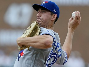 Jacob Waguespack of the Toronto Blue Jays pitches against the Detroit Tigers during the second inning at Comerica Park on July 21, 2019 in Detroit.