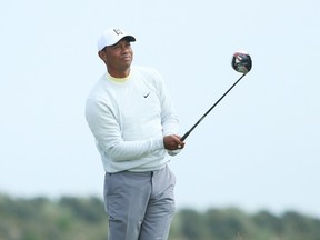 Tiger Woods of the United States plays a shot during a practice round prior to the 148th Open Championship held on the Dunluce Links at Royal Portrush Golf Club on July 15, 2019 in Portrush, United Kingdom.