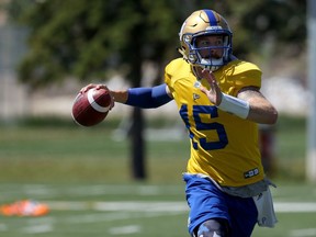 Matt Nichols throws on the run during Winnipeg Blue Bombers practice on the University of Manitoba campus on Monday.