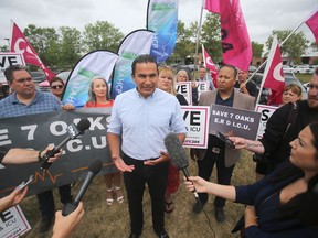 Wab Kinew, Manitoba's NDP leader talked to media at the Seven Oaks Hospital, in Winnipeg Tuesday.