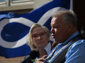 (Left) Carolyn Bennett, minister of Crown Indigenous Relations and Northern Nation Affairs, and Manitoba Métis Federation President David Chartrand (right) announce a $5 million federal funding commitment to the creation of the Métis National Heritage Centre at a press conference in Winnipeg on Friday.