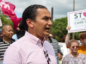 NDP Leader Wab Kinew organizes a protest for the closure of the Seven Oaks General Hospital Emergency Room in Winnipeg on Sunday, July 21, 2019. The emergency room is scheduled to close on Monday, July 22, 2019.