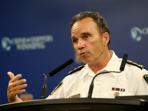 Chief Danny Smyth speaks during a press conference to discuss the annual statistical report at Winnipeg police headquarters on Mon., July 22, 2019. Kevin King/Winnipeg Sun/Postmedia Network