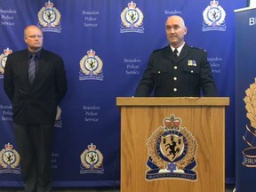 The Brandon Police Service, together with the Winnipeg Police Service Counter Exploitation Unit conducted Project Beckon in Brandon, resulting 20 men between the ages of 22 and 82, being arrested and charged with obtaining sexual services for consideration. In a screenshot off the Facebook Live video, Insp. Mike Pelechaty, Brandon Police Service Inspector of Operations, (right) addresses a press conference in Brandon on Monday, along with Sgt. Rick McDougall of the WPS Counter Exploitation Unit.
