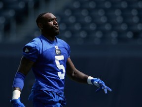 Defensive lineman Willie Jefferson warms up during Winnipeg Blue Bombers practice on Tues., July 2, 2019. Kevin King/Winnipeg Sun/Postmedia Network