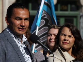 Manitoba NDP Leader Wab Kinew announces further campaign promises that focus on undoing tuition hikes and bursary cuts for post-secondary students in Manitoba. Kinew was joined by a small crowd of NDP candidates and post-secondary students, outside Red River College on Aug. 30, 2019.
Danton Unger/Winnipeg Sun