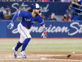 Bo Bichette of the Toronto Blue Jays hits an RBI double against the New York Yankees in the sixth inning during their MLB game at the Rogers Centre on August 8, 2019 in Toronto. (Mark Blinch/Getty Images)