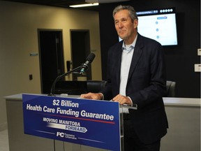 Progressive Conservative leader Brian Pallister promises on Monday, Aug. 26, 2019 at a press conference in Winnipeg that his government would hire 200 more nurses, add 80 paramedics and start a $40-million "front-line idea fund" over the next four years, if re-elected. JOYANNE PURSAGA/Winnipeg Sun/Postmedia Network