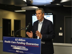 Progressive Conservative leader Brian Pallister promises on Monday, Aug. 26, 2019 at a press conference in Winnipeg that his government would hire 200 more nurses, add 80 paramedics and start a $40-million "front-line idea fund" over the next four years, if re-elected. JOYANNE PURSAGA/Winnipeg Sun/Postmedia Network