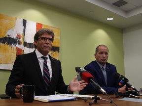 Winnipeg Police Board Chair and City Coun. Kevin Klein (Charleswood-Tuxedo-Westwood) and Coun. Shawn Nason (Transcona) speak with media after Mayor Brian Bowman publicly criticized Klein for suggesting he was an advocate for the Winnipeg Police Service and the Public. Danton Unger/Postmedia