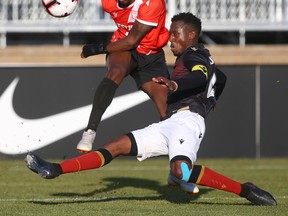 Valour FC defender Jordan Murrell (right) has been suspended for three games for his actions on Monday.  Jim Wells/Postmedia