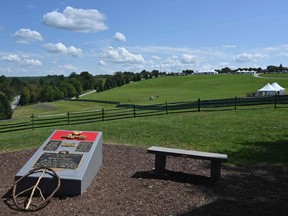 View of the original site and memorial of the Woodstock Music Festival  on its 50th anniversary on August 15, 2019 in Woodstock, New York. - Organizers of the Woodstock weekend, whose 50th anniversary starts Thursday, originally wanted to hold the event celebrating peace, love and music in its namesake town, long a haven for creative types including Bob Dylan.For space and permit reasons they were forced to look elsewhere -- about 60 miles southwest -- but opted to retain the Woodstock moniker. (Photo by Angela Weiss / AFP)ANGELA WEISS/AFP/Getty Images