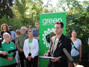 Green Party of Manitoba leader James Beddome speaks about his party's 2019 election platform in Winnipeg on Friday.