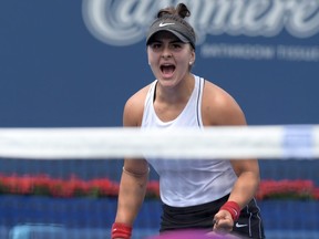 Bianca Andreescu reacts to winning a point against Sofia Kenin during Rogers Cup semifinal action at Aviva Centre in Toronto, on Saturday, Aug. 10, 2019.