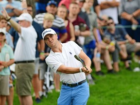Aug 18, 2019; Medinah, IL, USA; Justin Thomas hits an approach shot onto the 14th green during the final round of the BMW Championship golf tournament at Medinah Country Club - No. 3. Mandatory Credit: Thomas J. Russo-USA TODAY Sports