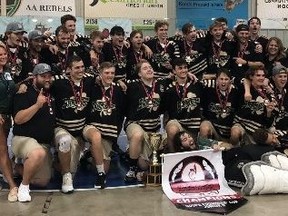 The Calgary Shamrocks celebrate after winning the Founders Cup in Winnipeg on Sunday.