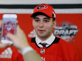 Stelio Mattheos is interviewed after being selected 73rd overall by the Carolina Hurricanes during the 2017 NHL Draft.