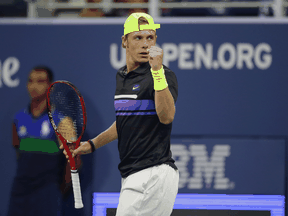 Denis Shapovalov of Canada celebrates match point against Felix Auger-Aliassime of Canada in a first round match on day two of the 2019 U.S. Open, Aug 27, 2019.