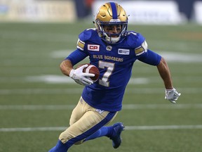 Winnipeg Blue Bombers WR Weston Dressler finds some open field during CFL action against the Toronto Argonauts in Winnipeg on Thurs., July 13, 2017. Kevin King/Winnipeg Sun/Postmedia Network