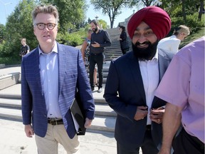 Manitoba Liberal Leader, Dougald Lamont (left) with Liberal candidate for the Maples Deep Brar. Lamont, talked to media about environmental issues, in Winnipeg Friday.