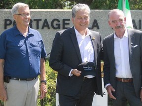 (Left to right) Councillor Wayne Wall, MP Dan Vandal and Portage la Prairie Mayor Irvine Ferris during the press conference on Friday in Portage la Prairie to announce that Portage la Prairie will be one of four Manitoban communities tabbed for more than $65 million in federal funding as part of the federal government's commitment to investing in modern, reliable water infrastructure.