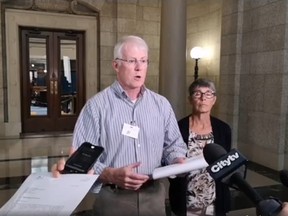 Jeff Smith and Muriel Smith of People for the Preservation of the Willow Island Coastal Wetlands environmental group address the media at the Manitoba Legislature in Winnipeg on Wednesday, in a screenshot taken off a video posted to the People for the Preservation of the Willow Island Coastal Wetlands Facebook page.