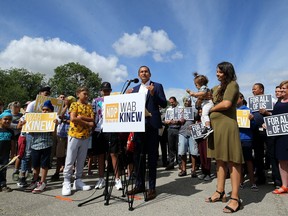 Joined by his wife and three sons, provincial NDP leader Wab Kinew speaks at the official campaign launch at St. Vital Park in Winnipeg on Wed., Aug. 7, 2019. Kevin King/Winnipeg Sun/Postmedia Network