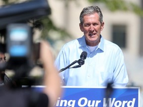 Brian Pallister is seeking another term as Premier of Manitoba, h spoke to media in Winnipeg today.  Friday, August 09/2019 Winnipeg Sun/Chris Procaylo/stf