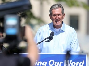 Brian Pallister is seeking another term as Premier of Manitoba, He spoke to media in Winnipeg today.  Friday, Aug. 9, 2019. Chris Procaylo/Winnipeg Sun/Postmedia Network