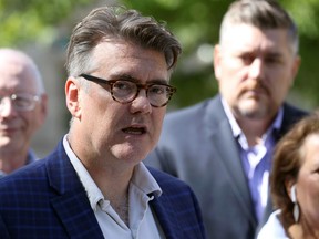 Liberal leader Dougald Lamont releases the provincial party's arts and culture platform during a press conference at Old Market Square in Winnipeg on Sunday.