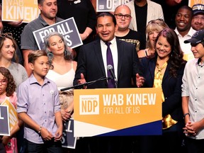 NDP leader Wab Kinew speaks from the stage during his nomination party for the Fort Rouge riding in Winnipeg at the Park Theatre on Sun., Aug. 11, 2019. Kevin King/Winnipeg Sun/Postmedia Network