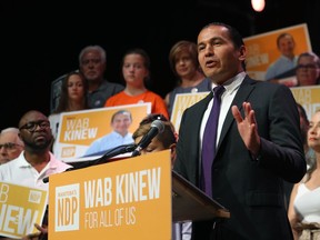 NDP leader Wab Kinew speaks from the stage during his nomination party for the Fort Rouge riding in Winnipeg at the Park Theatre on Sun., Aug. 11, 2019. Kevin King/Winnipeg Sun/Postmedia Network