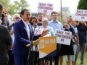 NDP leader Wab Kinew speaks at a press conference on Moncton Avenue near the Concordia Hospital on Monday.