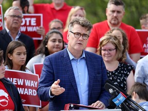 Leader Dougald Lamont speaks during the Manitoba Liberals election campaign launch in St. Boniface on Tuesday. Manitoba Liberals are calling foul on a survey that shows the NDP and Progressive Conservatives in a "dead heat" – claiming the research company that conducted the survey might have ties to the NDP.