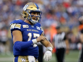 Winnipeg Blue Bombers quarterback Chris Streveler checks with the sideline for the play during CFL action against the  B.C. Lions in Winnipeg on Thurs., Aug. 15, 2019. Kevin King/Winnipeg Sun/Postmedia Network