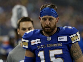 Injured Winnipeg Blue Bombers quarterback Matt Nichols leaves the field for the locker room during CFL action against the B.C. Lions in Winnipeg on Thurs., Aug. 15, 2019. Kevin King/Winnipeg Sun/Postmedia Network