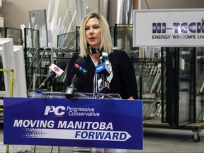 Rochelle Squires, PC Candidate for Riel, announces a proposed $25 million annual energy efficiency rebate program if the Progressive Conservatives are re-elected. Squires made the announcement at the Hi-Tech Windows and Doors warehouse in Winnipeg on Saturday.