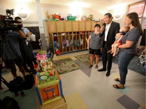 Manitoba NDP leader Wab Kinew at a campaign event at a day care in Winnipeg on Tuesday.