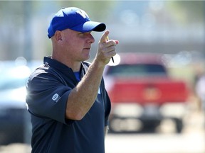 Offensive co-ordinator Paul LaPolice directs traffic during Winnipeg Blue Bombers practice on the University of Manitoba campus in Winnipeg on Mon., Aug. 19, 2019. Kevin King/Winnipeg Sun/Postmedia Network