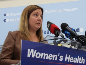 Sarah Guillemard, Manitoba PC Fort Richmond candidate, promises a Tory government would invest $3.4 million to implement health initiatives for women in Manitoba, at a press conference in Winnipeg on Sunday.