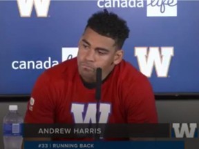 Winnipeg Blue Bombers running back Andrew Harris appears at a press conference on Monday, Aug. 26, 2019 in Winnipeg. The Canadian Football League announced Monday that Harris has been suspended for two games, effective immediately, after testing positive for a banned substance under the policy of the CFL and Canadian Football League Players' Association. Screenshot from press conference on Monday, Aug. 26, 2019.