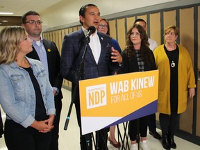 NDP leader Wab Kinew announces mental health treatment investments the NDP promise to make, if elected to form government, at West Kildonan Collegiate in Winnipeg on Tuesday. The announcement includes a pilot project at some Manitoba schools that would create integrated mental health teams to serve students.