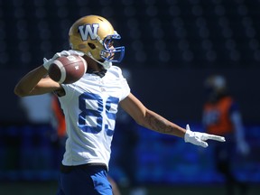 Winnipeg Blue Bombers' Kenny Lawler throws a ball during practice on Wednesday. (CHRIS PROCAYLO/Winnipeg Sun)