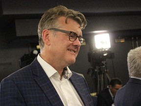 Manitoba Liberal leader Dougald Lamont talks to supporters at his St. Boniface riding headquarters during Tuesday's provincial election. Scott Billeck/Winnipeg Sun/Postmedia Network