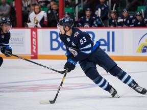 Jets winger Kristian Vesalainen skates during last night’s game against the Senators. (Jason Scourse/Belleville Senators)